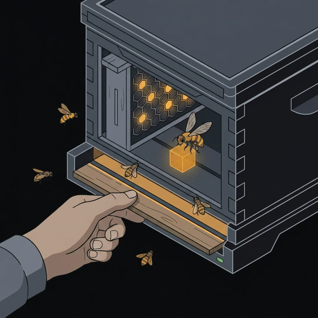 Isometric illustration: a hand slides an entrance reducer into the front of a beehive brood box that doubles as a server chassis, narrowing the opening the bees pass through.