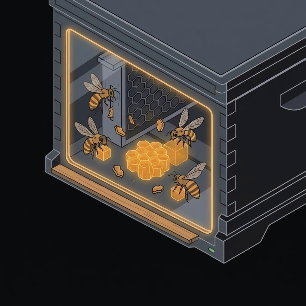 Isometric illustration: the same beehive brood box and server chassis, its front now a single sealed pane of glass rimmed in glowing amber; inside, four bees rebuild honeycomb amid drifting comb fragments, while the air outside the box is completely still.