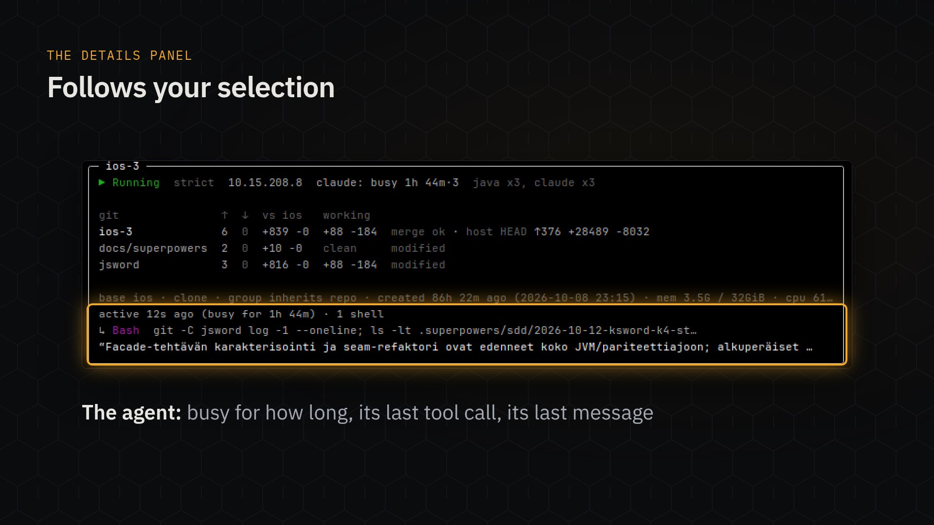 The details panel for one container: its state, network and address, a git table for the branch and two submodules, and the agent's last activity, last shell command and the start of its last message, ringed