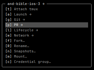 A close-up of a container's menu: Attach tmux, Launch, Git, PR, Lifecycle, Network, Fork, Rename, Snapshots, Mount and Credential group, each preceded by its key in brackets