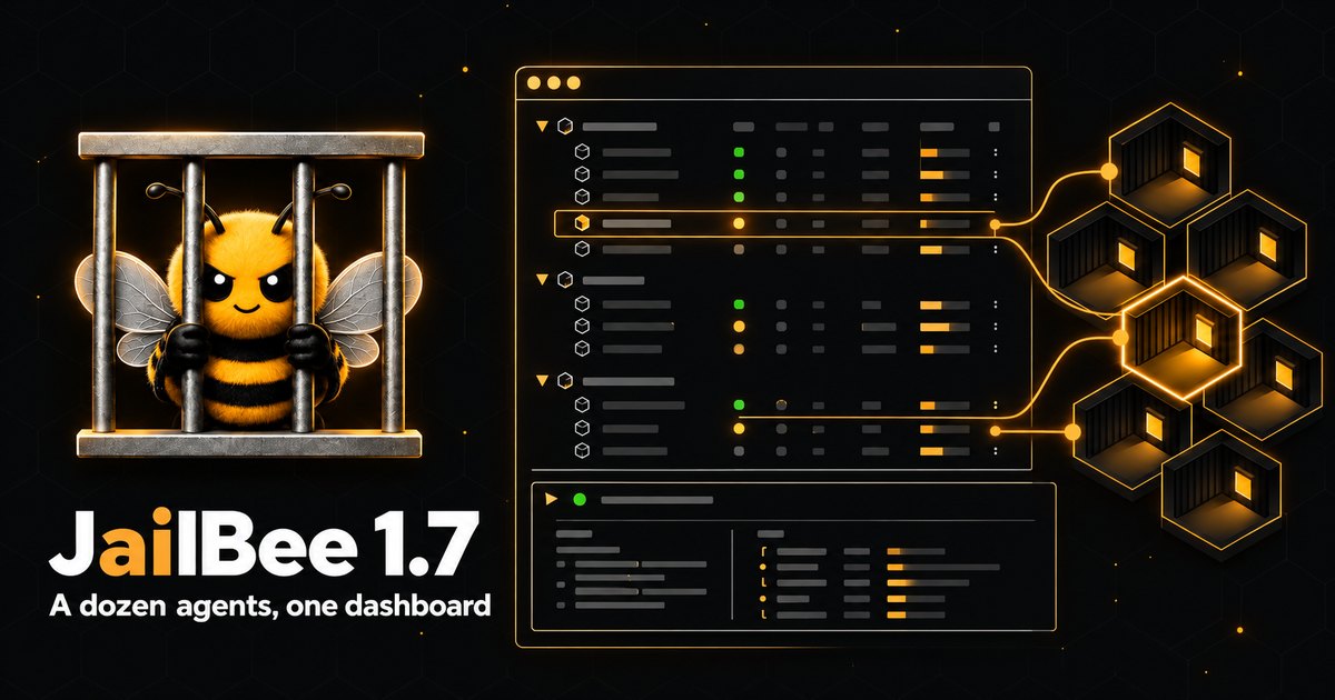 The caged JailBee bee beside the text "JailBee 1.7, a dozen agents, one dashboard" and a stylised terminal dashboard whose rows link to a honeycomb of glowing container cells